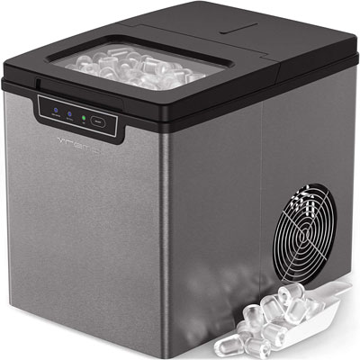 Vremi Countertop Ice Maker - Ice Cubes Ready in 9 Mins - Perfect for Water Bottles, Mixed Drinks - Portable Small Stainless Steel Ice Maker with Ice Scoop and Basket - Silver and Black